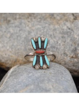 Bague turquoise, corail et argent